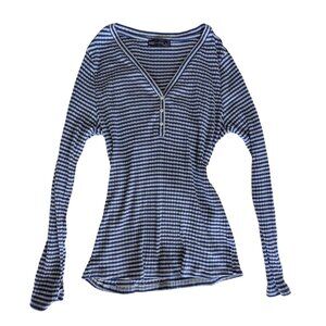 Y2K Henley Blue and white striped long sleeve top Size L